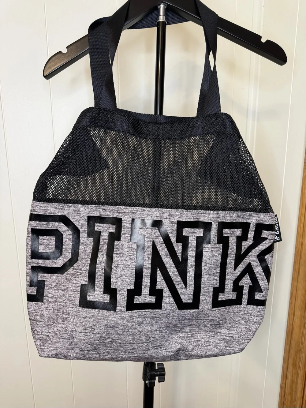 PINK Victoria's Secret Gray with Black Mesh Logo Tote